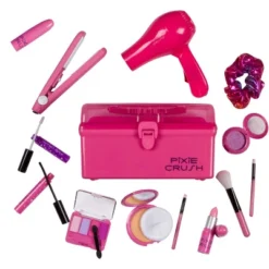 PixieCrush Kids Makeup Kit For Girls With Pretend Hair Dryer And Flat Iron
