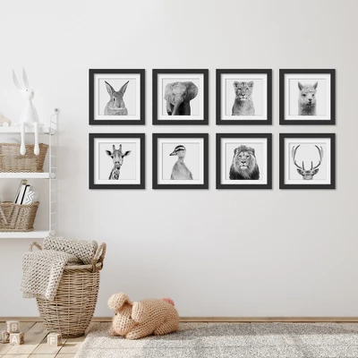 Set Of 8- 11x11 Gallery Square Framed Prints W/ Mats Decorative Wall Art Set - Black And White Jungle Nursery - Americanflat With Mat 1 Set Of 8- 11x11 Gallery Square Framed Prints W/ Mats Decorative Wall Art Set - Black And White Jungle Nursery - Americanflat With Mat