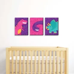 Big Dot Of Happiness Roar Dinosaur Girl - Dino Mite T-Rex Nursery Wall Art And Kids Room Decorations - Gift Ideas - 7.5 X 10 Inches - Set Of 3 Prints